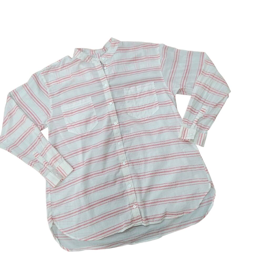 Orvis 100% Cotton Striped Button Front Shirt Band Collar Size Large